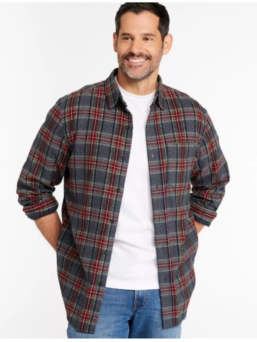 NWT LL Bean Scotch Plaid Soft Flannel Shirt Mens Traditional Fit Gray Red, Large - Picture 2 of 5